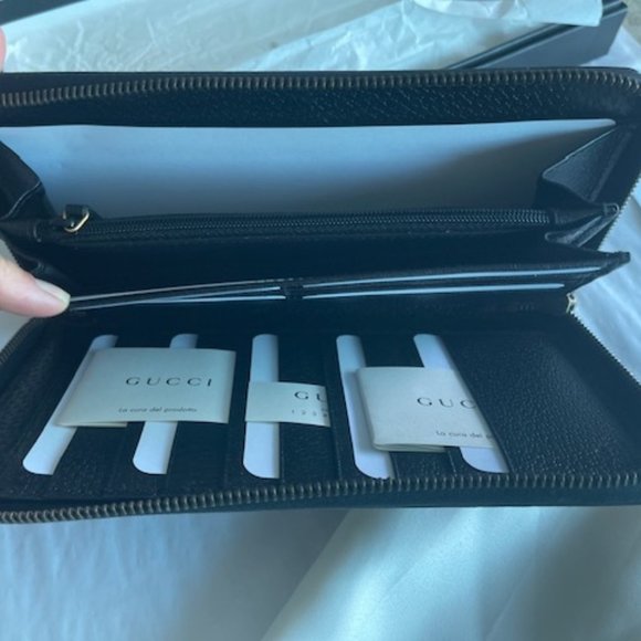 Gucci Black Leather Large Long Wallet Zip Around Gold Oro Bee Star Italy NEW - Picture 12 of 16